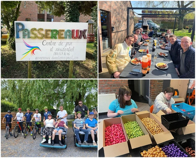 ASBL Les Passereaux : le centre, un repas, la sortie en triporteurs et la mise en sachet des oeufs par les residents